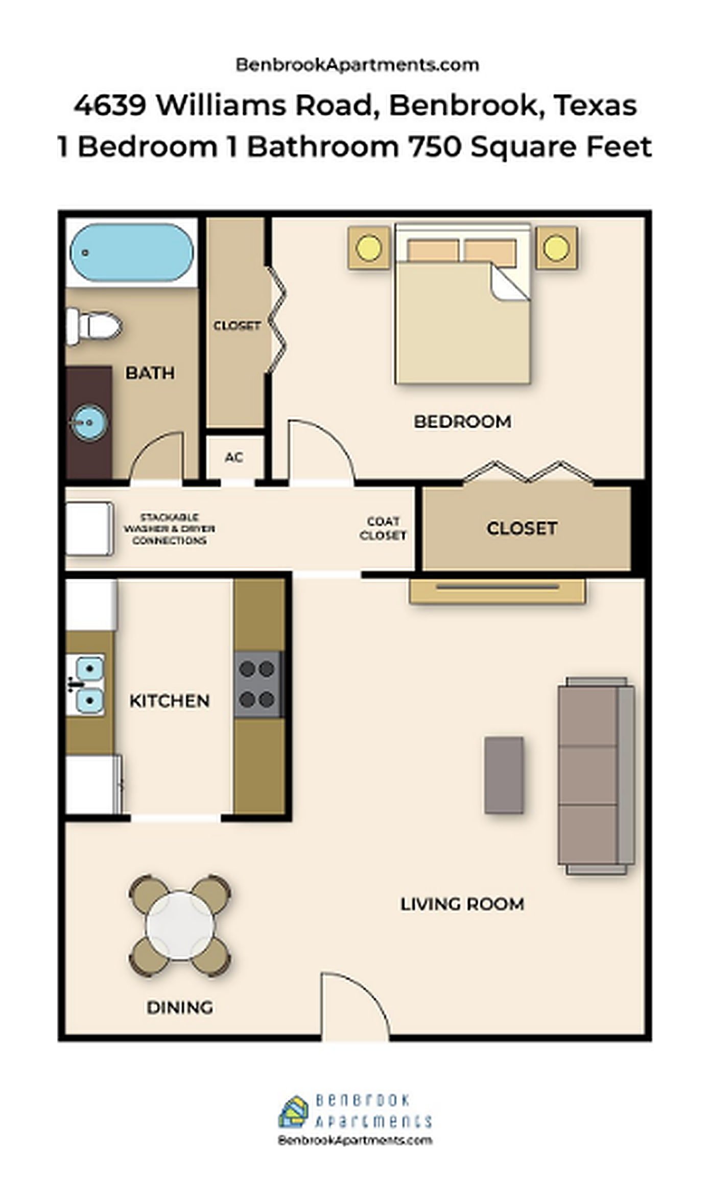 1 Bedroom · 1 Bath floor plan, 750 square feet