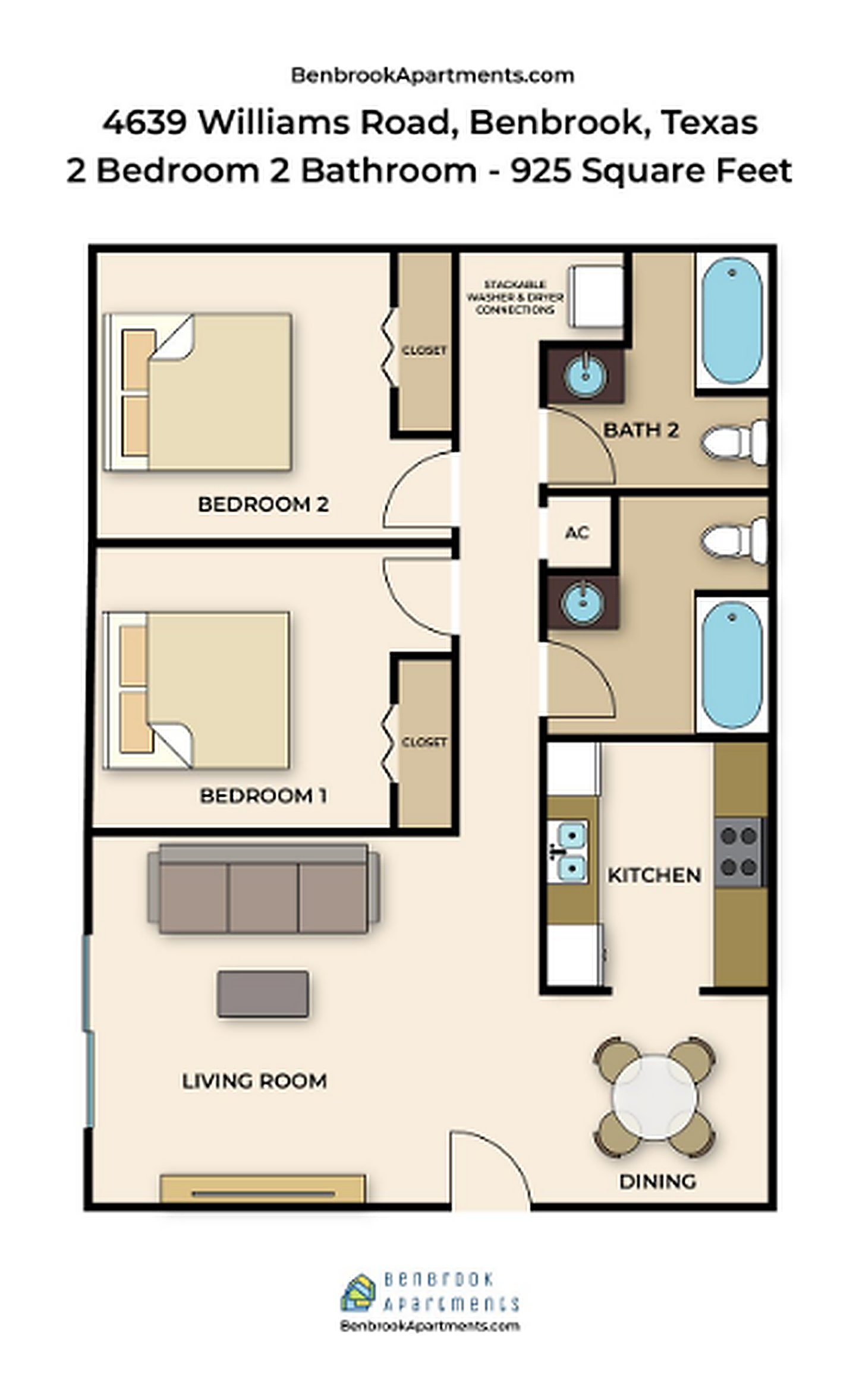 2 Bedroom · 2 Bath floor plan, 925 square feet
